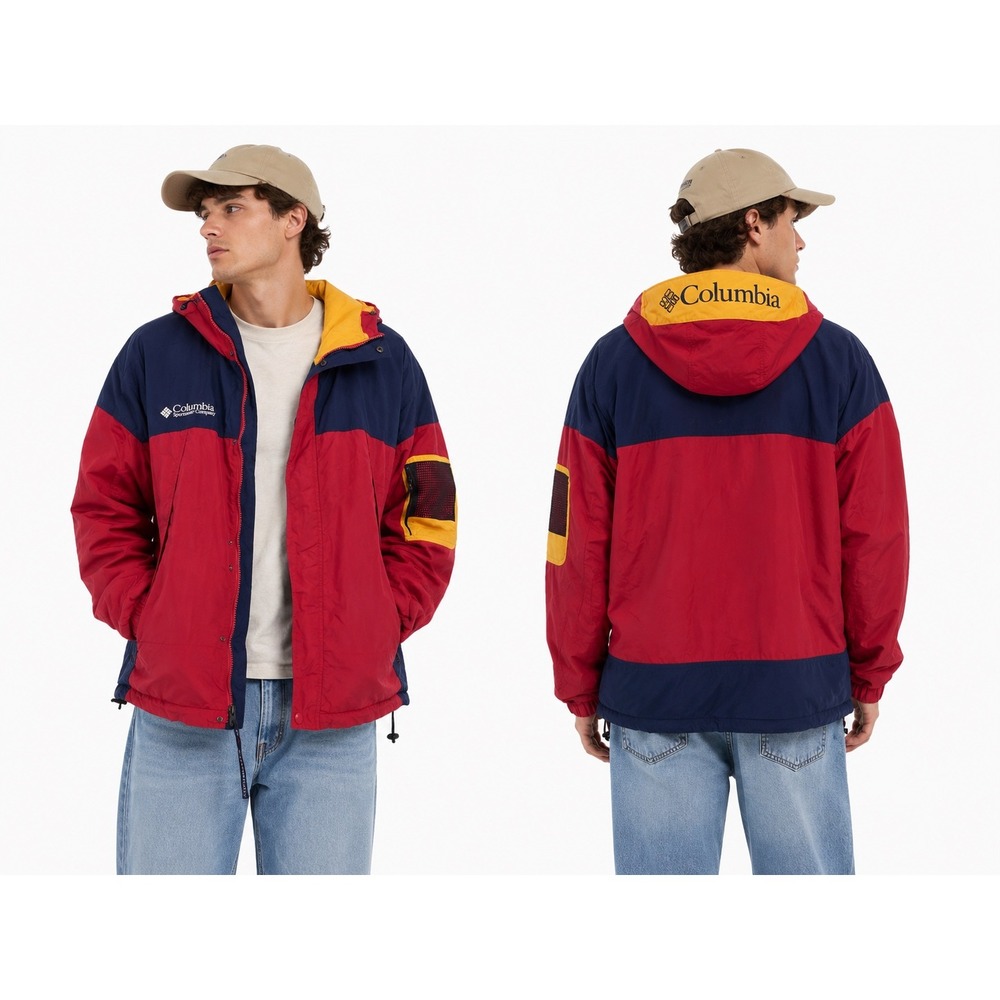 Columbia Parka Mens XL Red Navy Blue Colorblock Vintage Hooded Jacket Gorpcore